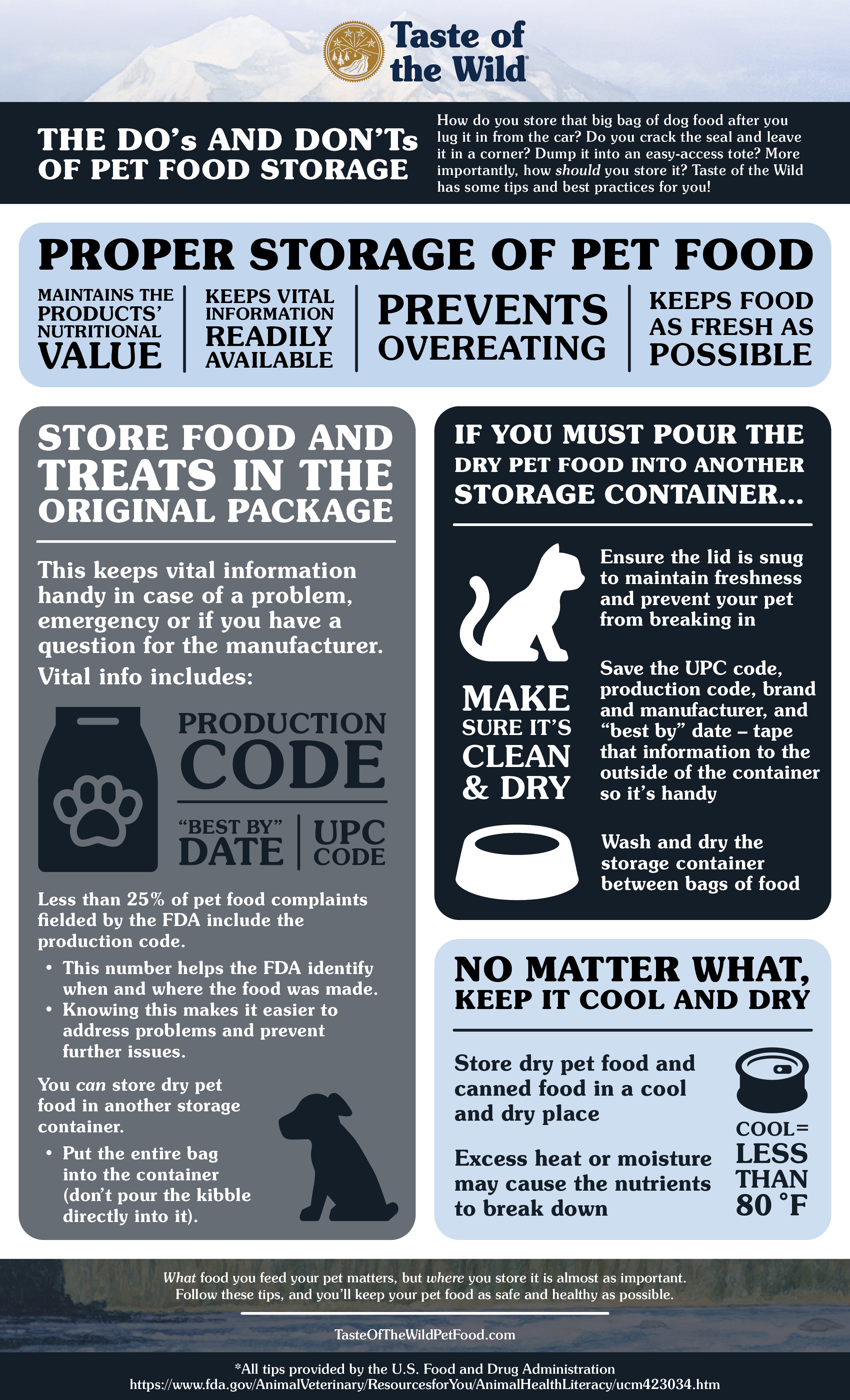 An interior graphic detailing the do's and don'ts of pet food storage to ensure food remains as fresh as possible.