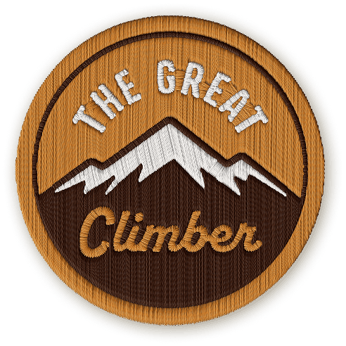 The Great Climber badge depicting a brown snow-capped mountain