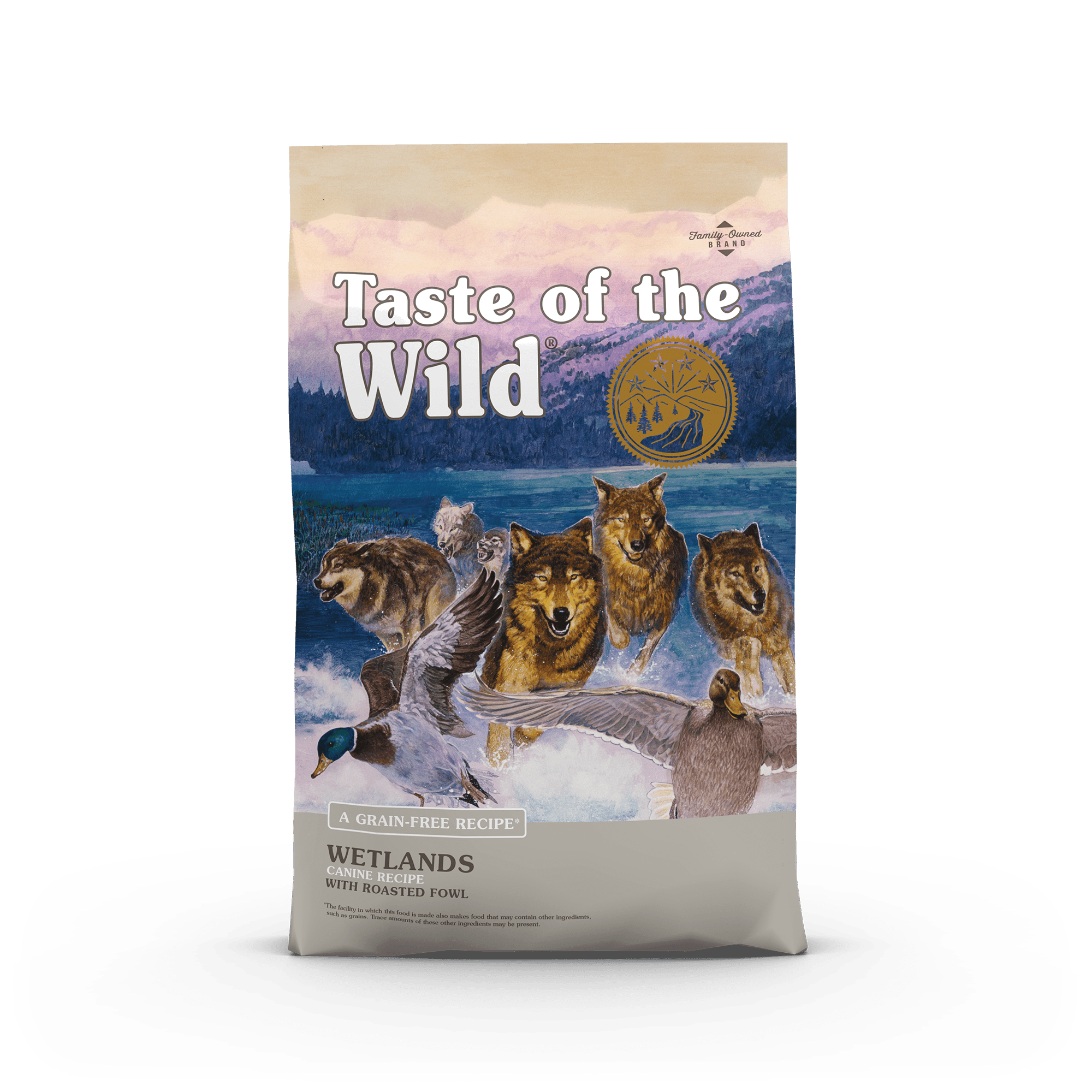 The front of a bag of Wetlands Canine Recipe with Roasted Fowl.
