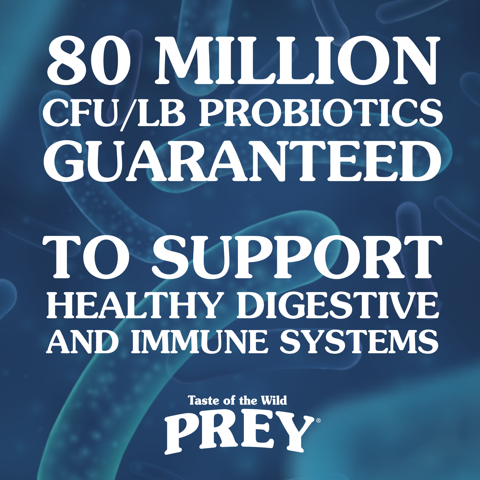 A graphic stating, '80 Million CFU/LB Probiotics Guaranteed to Support Healthy Digestive Systems'.