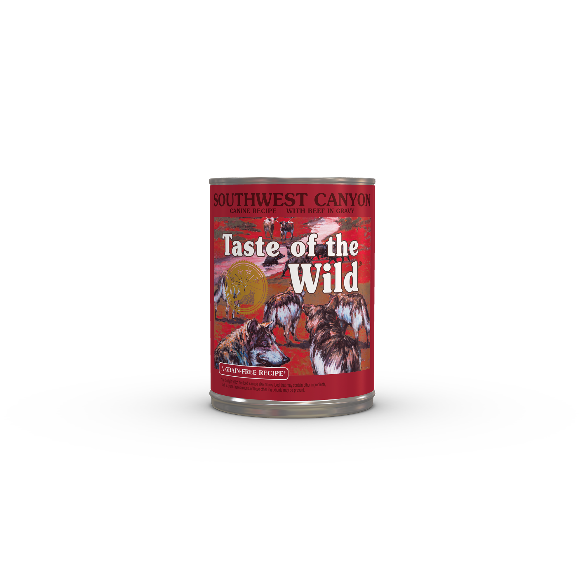 The front of a can of Southwest Canyon Canine Recipe with Beef in Gravy.