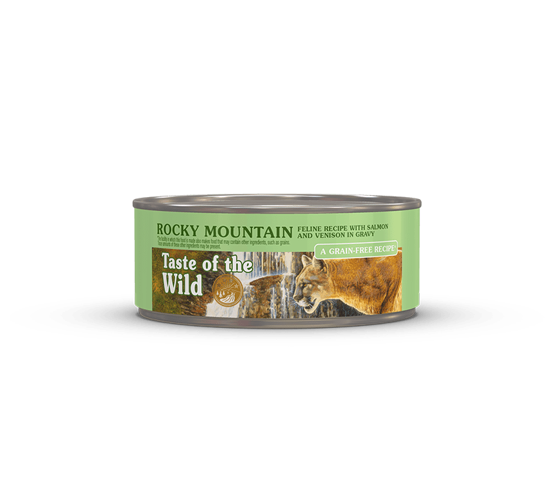 Taste of the Wild Grain-Free Canned Rocky Mountain Feline Recipe with Salmon and Roasted Venison in Gravy package