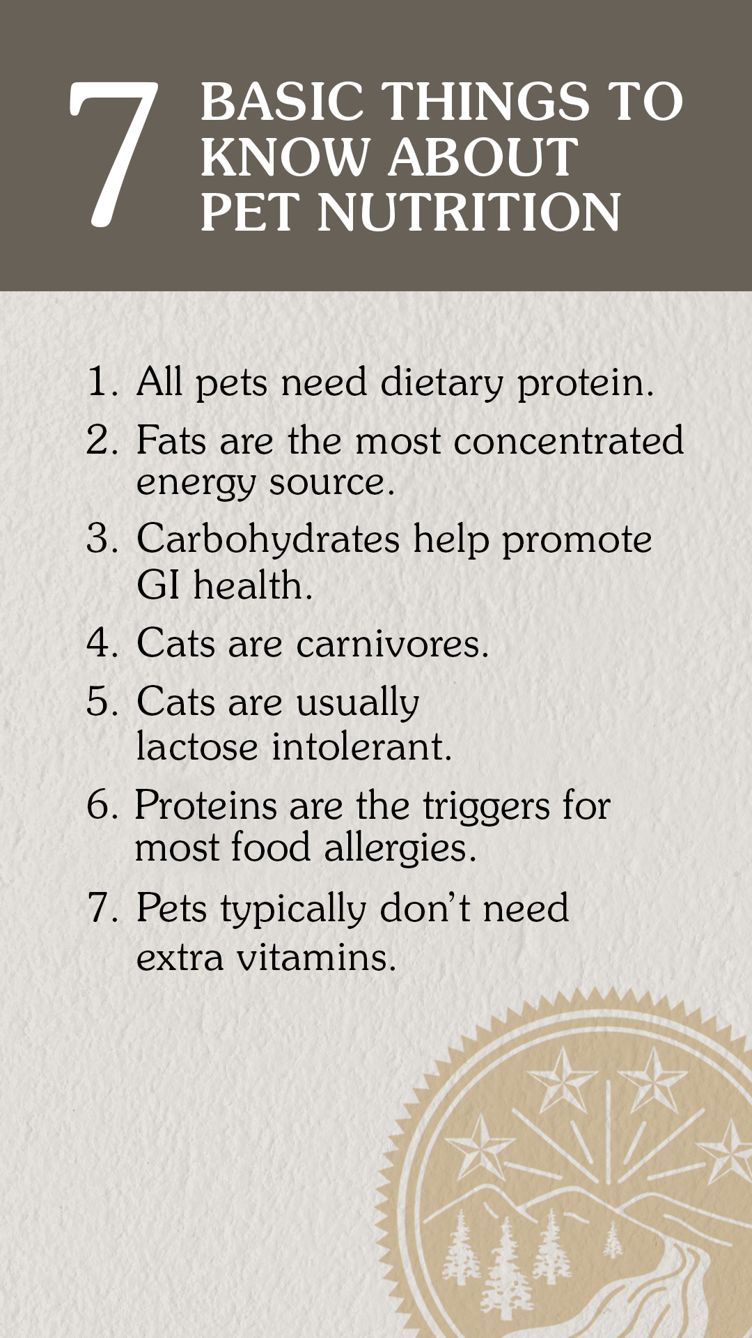 An interior graphic detailing seven basic facts about pet nutrition.