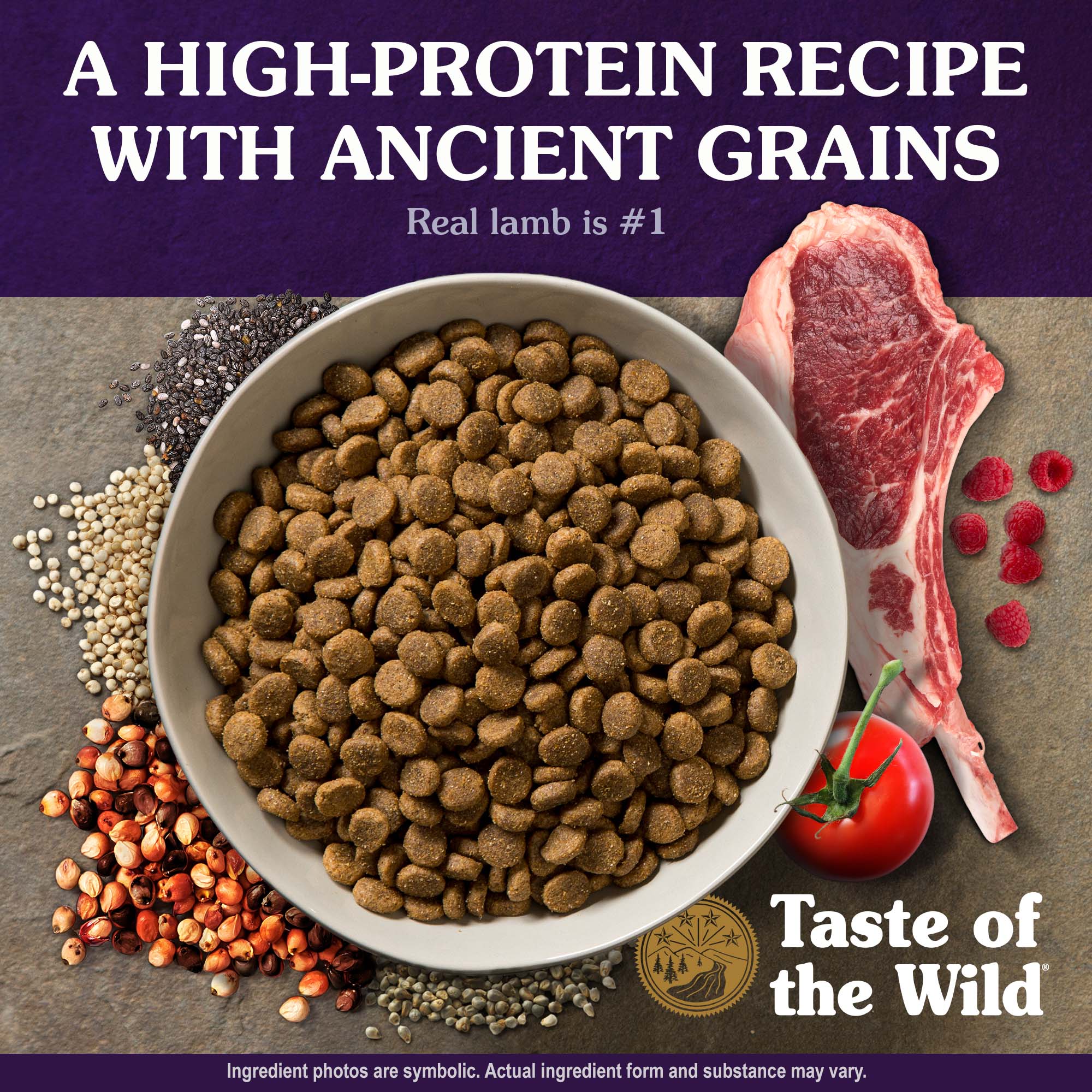 A white ceramic bowl full of Ancient Mountain Canine Recipe with Roasted Lamb kibble surrounded by an assortment of grains, fruits, and meat.