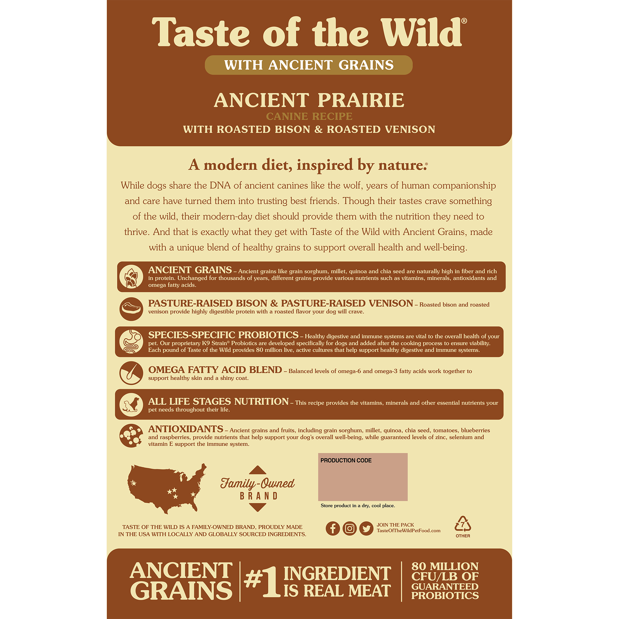 The back of a bag of Ancient Prairie Canine Recipe with Roasted Bison & Roasted Venison.