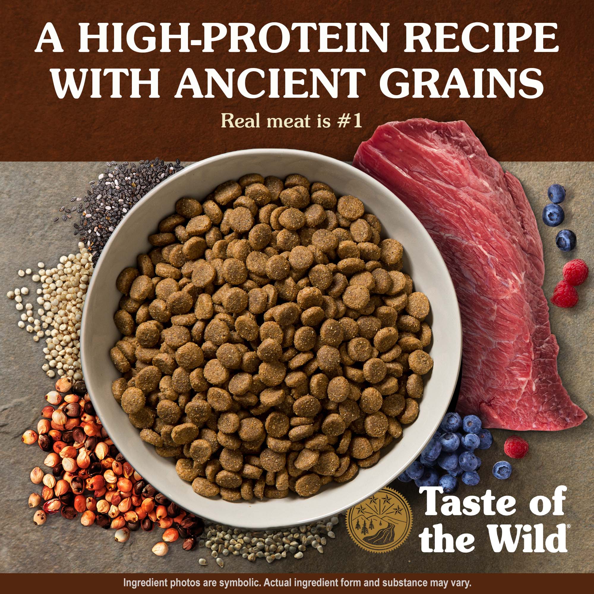 A white ceramic bowl full of Ancient Prairie Canine Recipe with Roasted Bison & Roasted Venison kibble surrounded by an assortment of grains, fruits, and meat.
