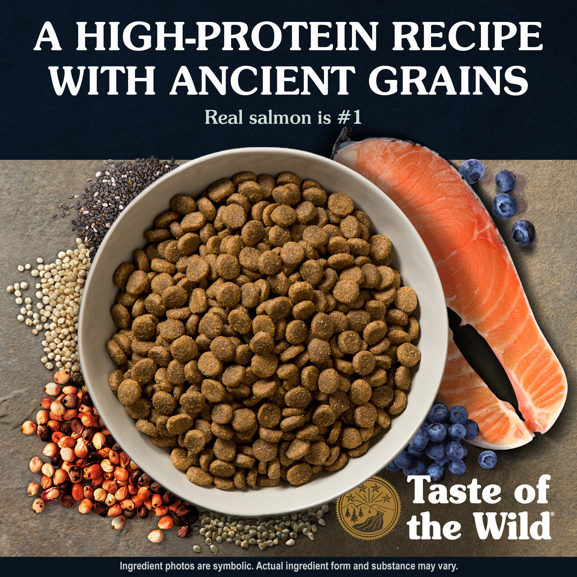 Ancient Stream Canine Recipe with Smoke-Flavored Salmon Kibble in a White Bowl | Taste of the Wild