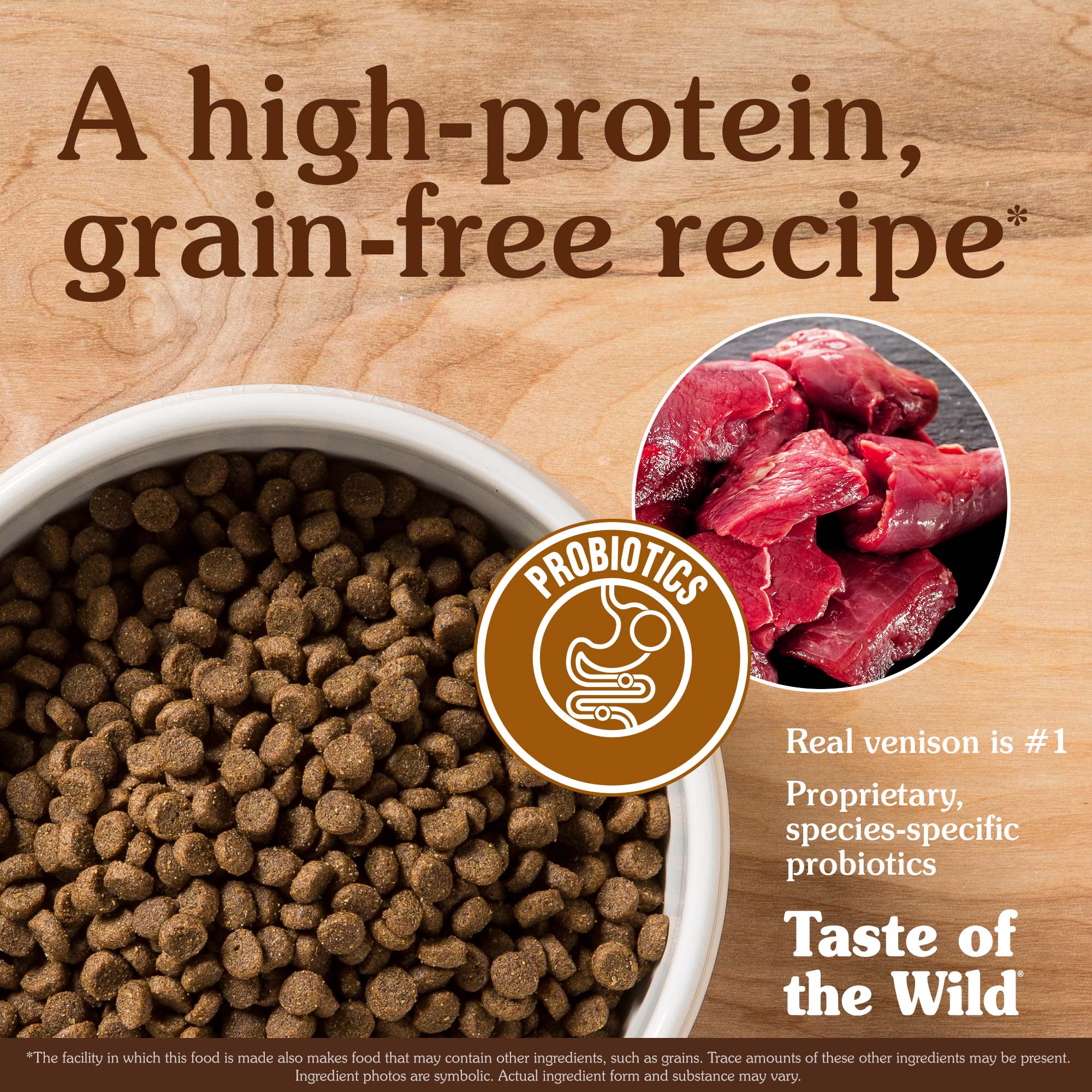 A white ceramic bowl full of Appalachian Valley Small Breed Canine Recipe kibble with a circular overlay image containing a cut of real venison meat.