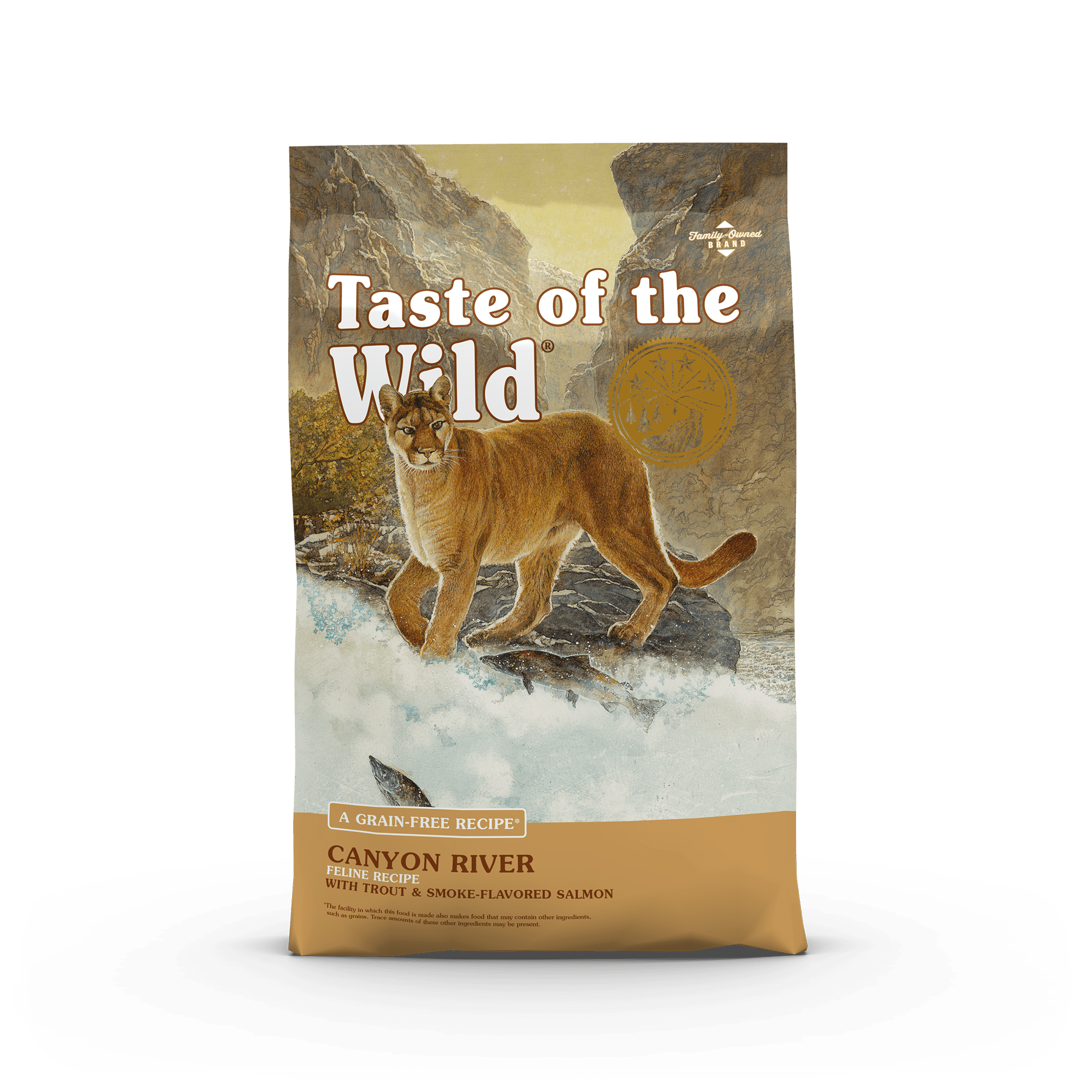 The front of a bag of Canyon River Feline Recipe with Trout and Smoke-Flavored Salmon. Image