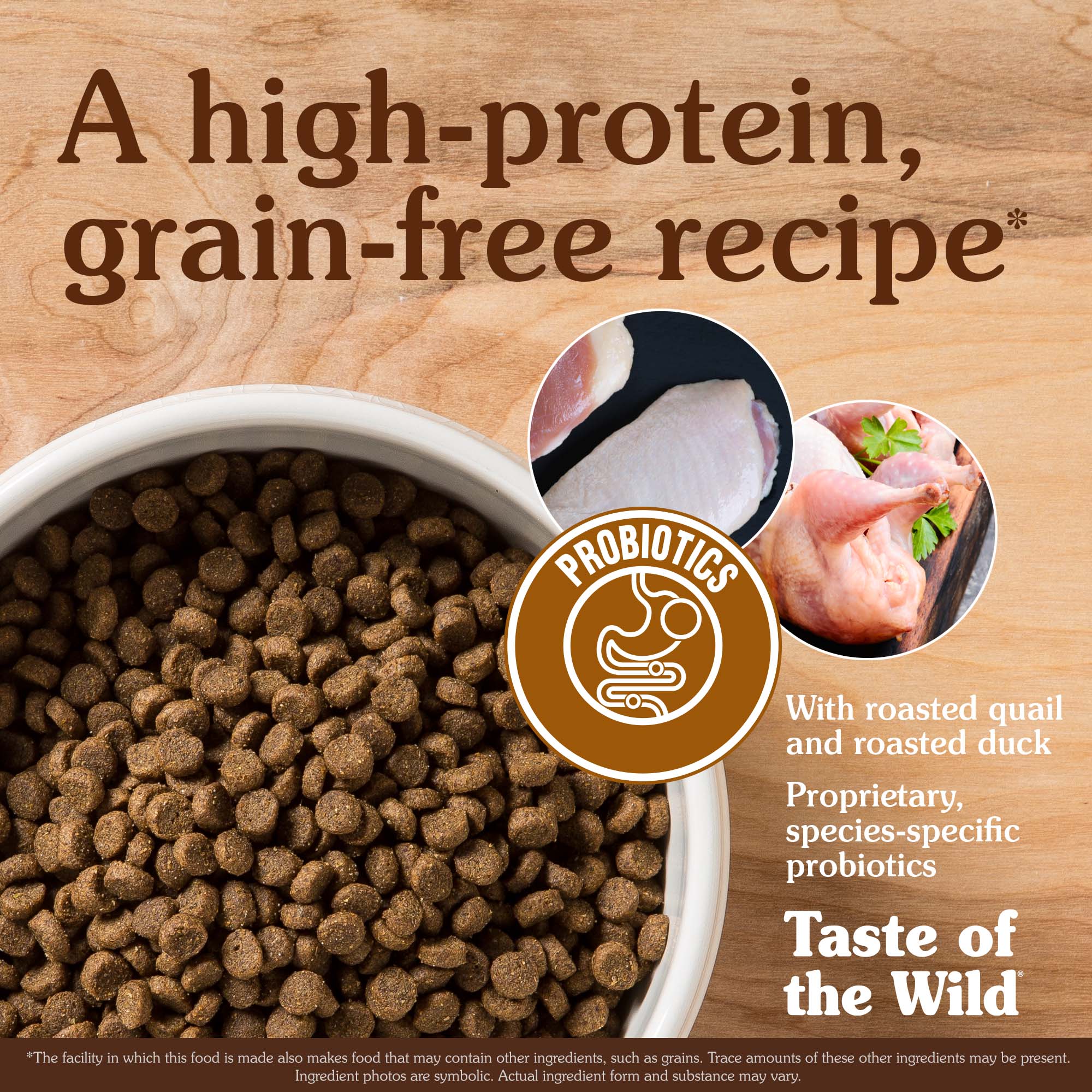 A white ceramic bowl full of Lowland Creek Feline Recipe with Roasted Quail & Roasted Duck kibble with two circular overlay images containing a cut of roasted quail and roasted duck.