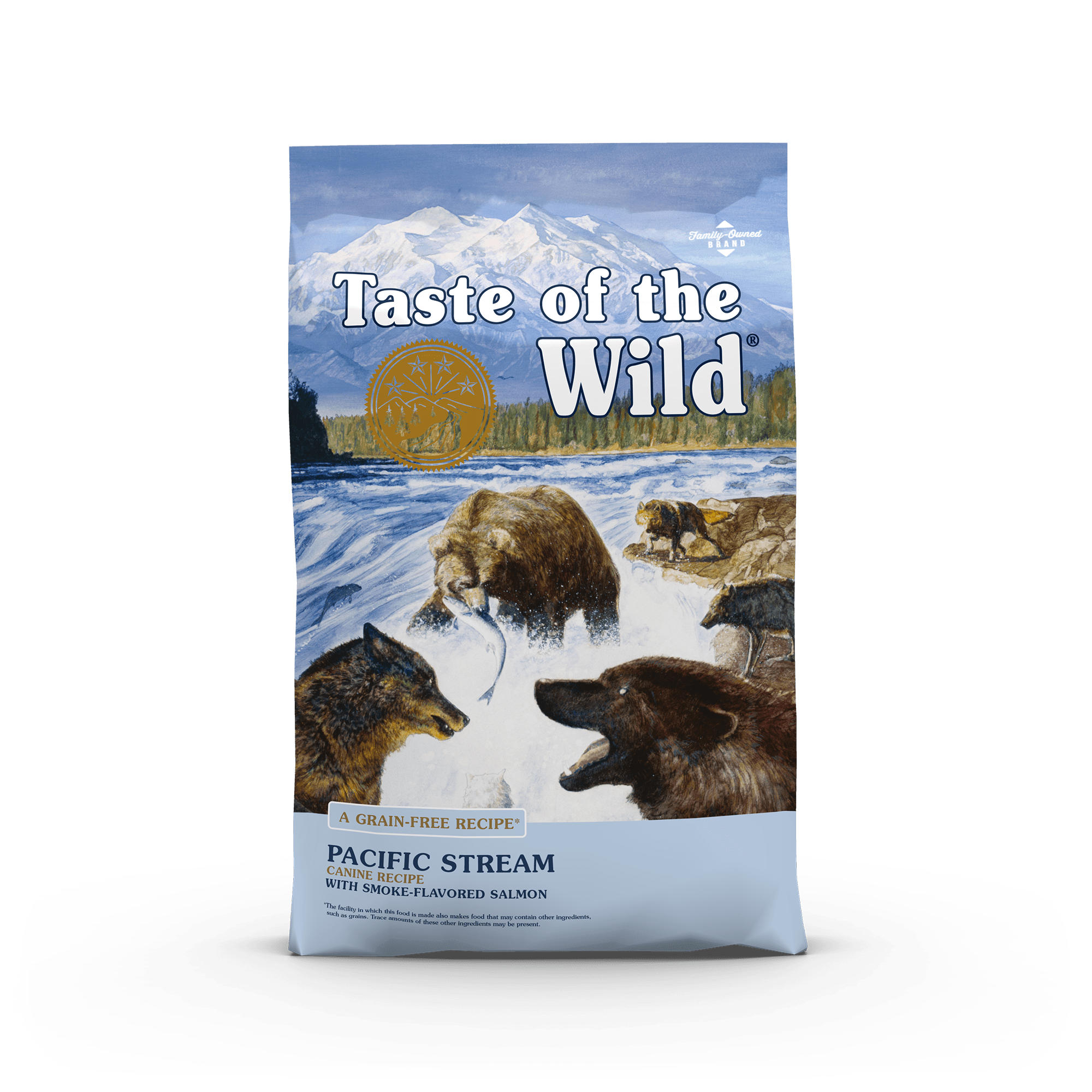The front of a bag of Pacific Stream Canine Recipe with Smoke-Flavored Salmon. Image