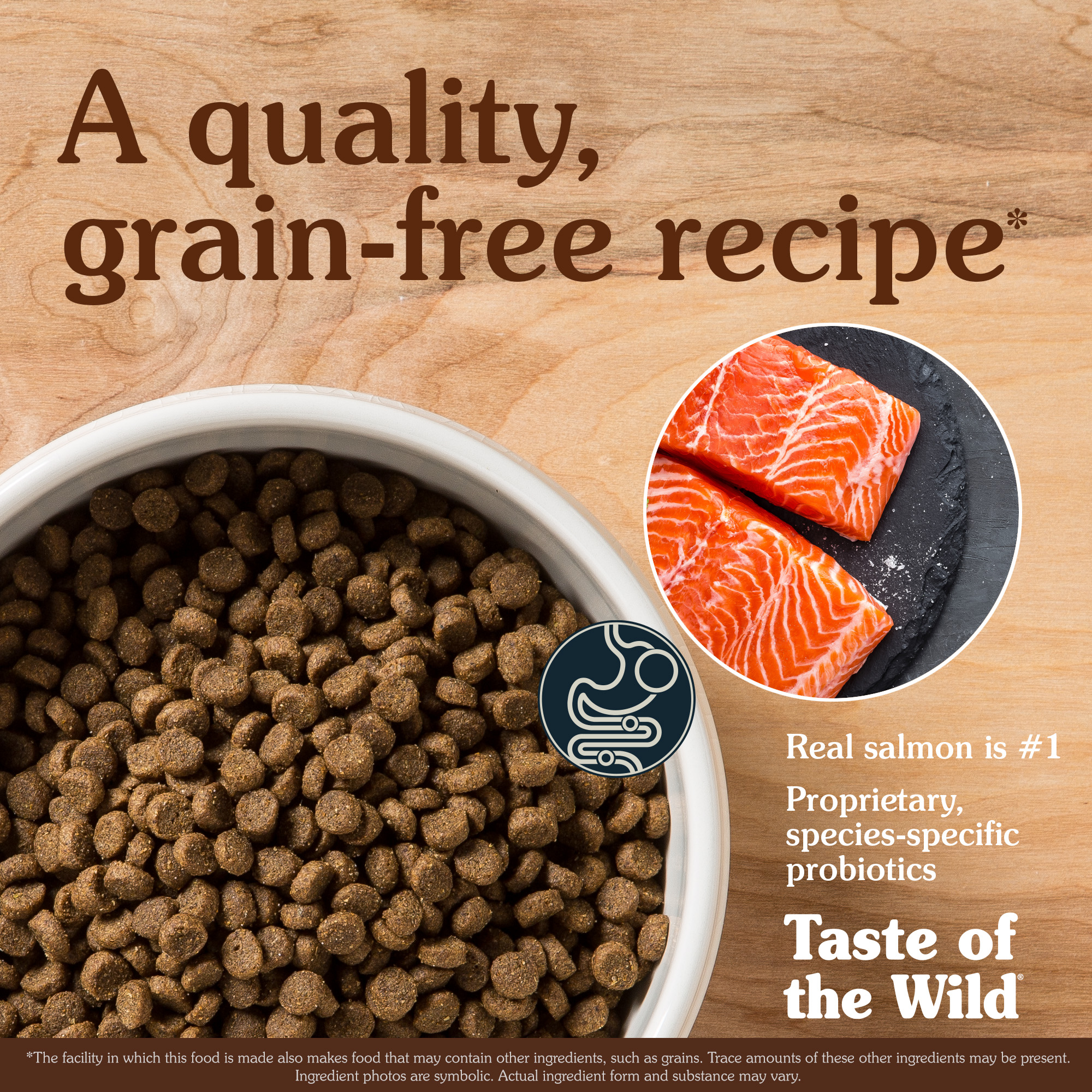 A white ceramic bowl full of Pacific Stream Puppy Recipe with Smoke-Flavored Salmon kibble with a circular overlay image containing two cuts of real salmon meat.