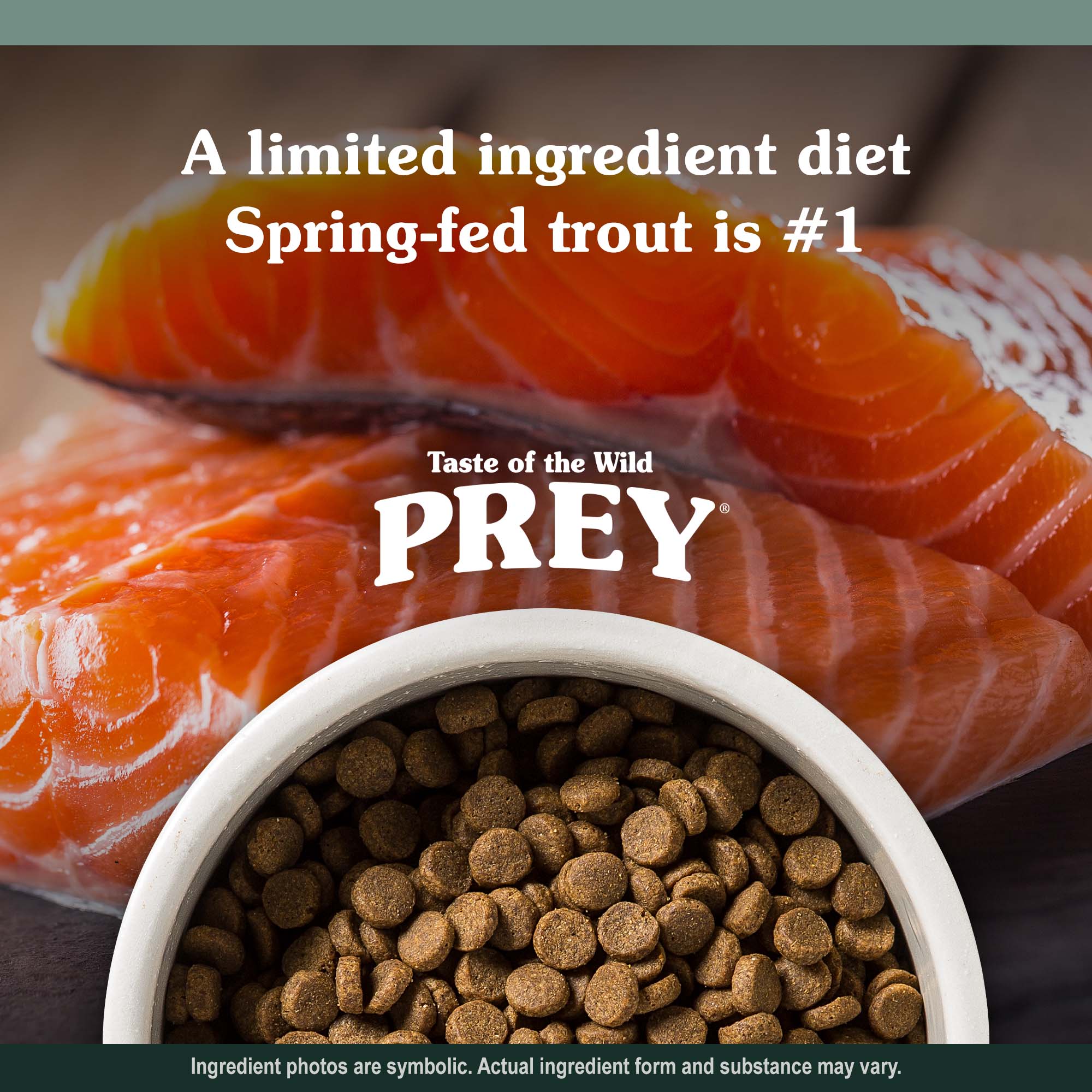 PREY Trout Recipe for Dogs Kibble in a White Bowl | Taste of the Wild