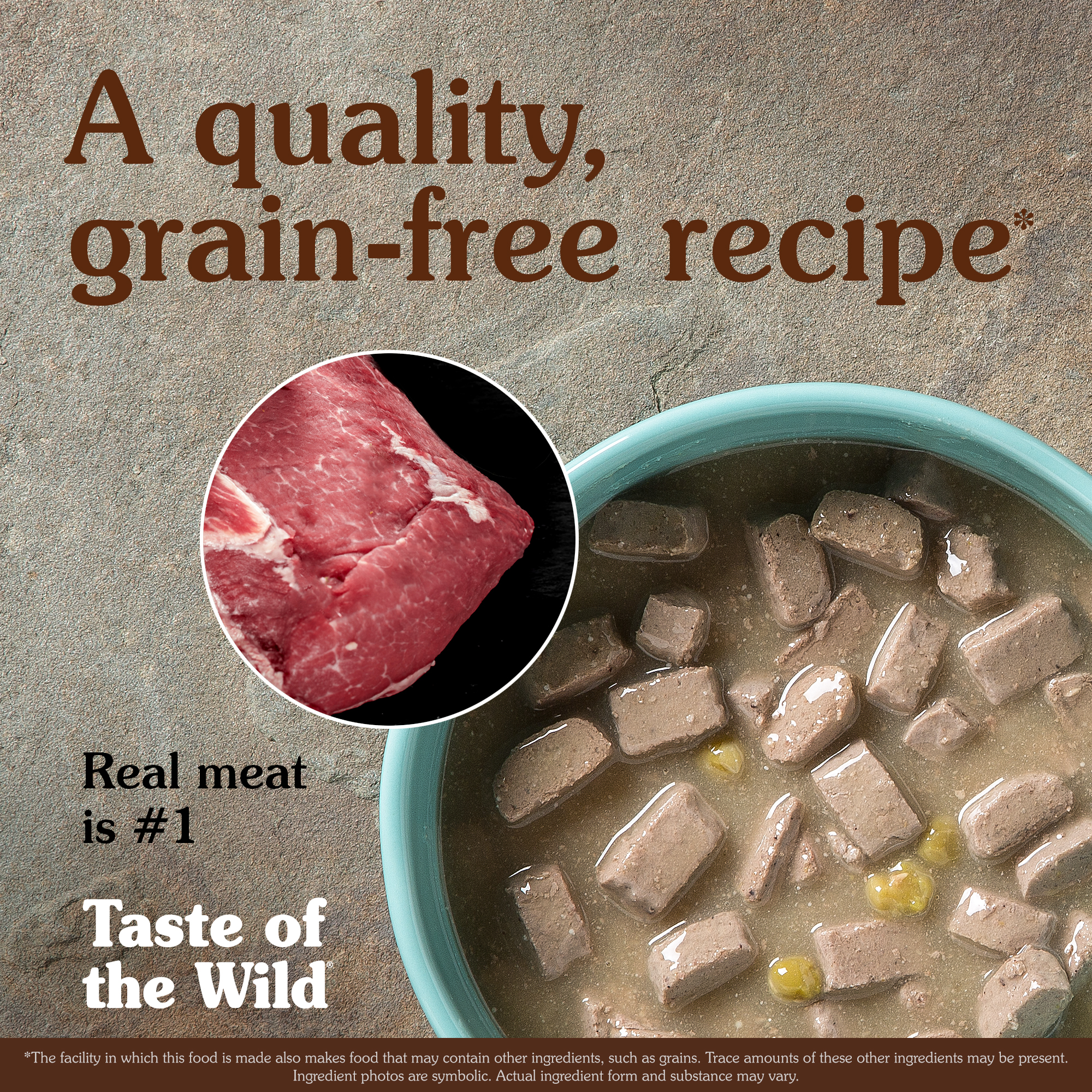 A blue ceramic bowl full of Southwest Canyon Canine Recipe with Beef in Gravy with a circular overlay image containing a cut of real beef meat.