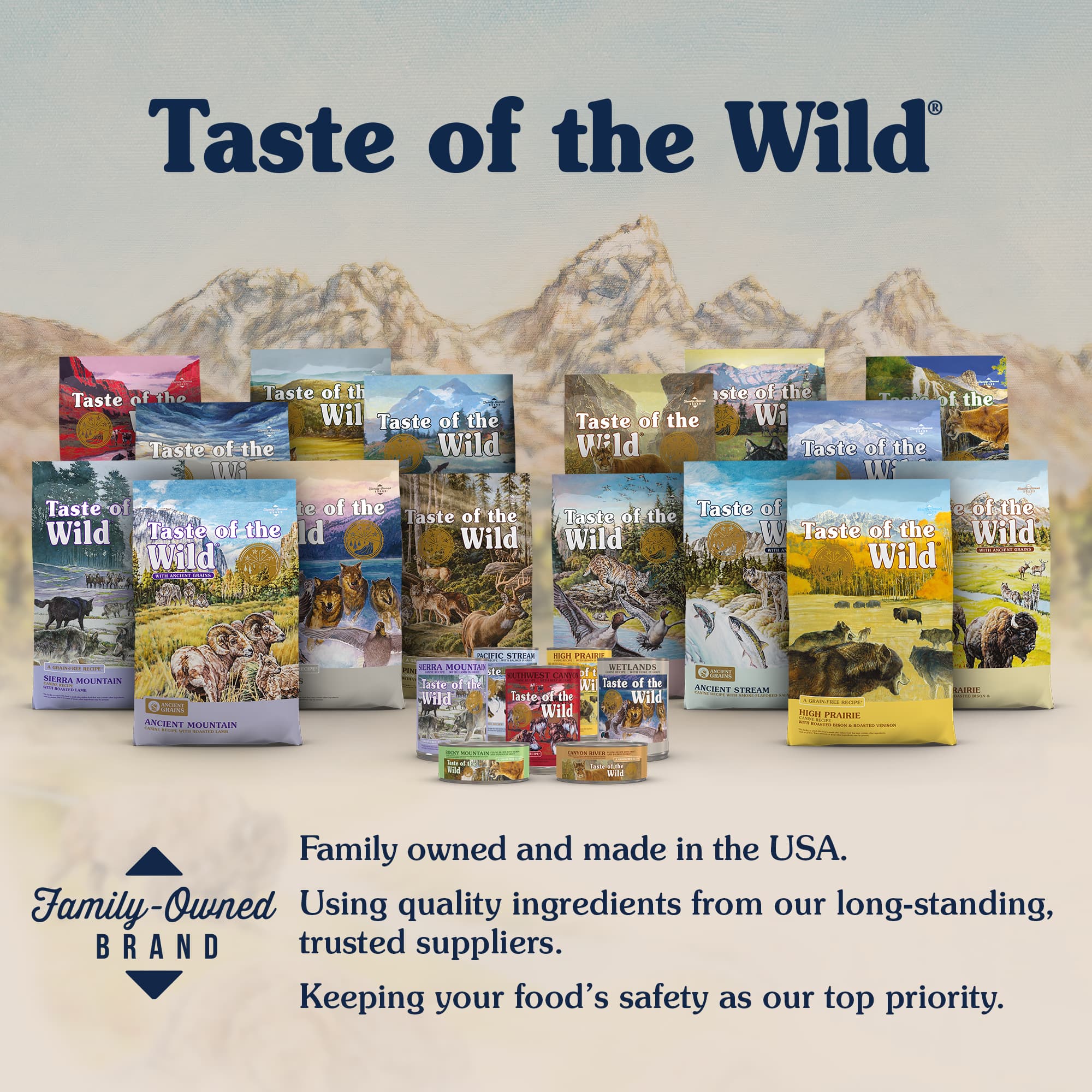 Assorted bags and cans of Taste of the Wild Pet Food products.