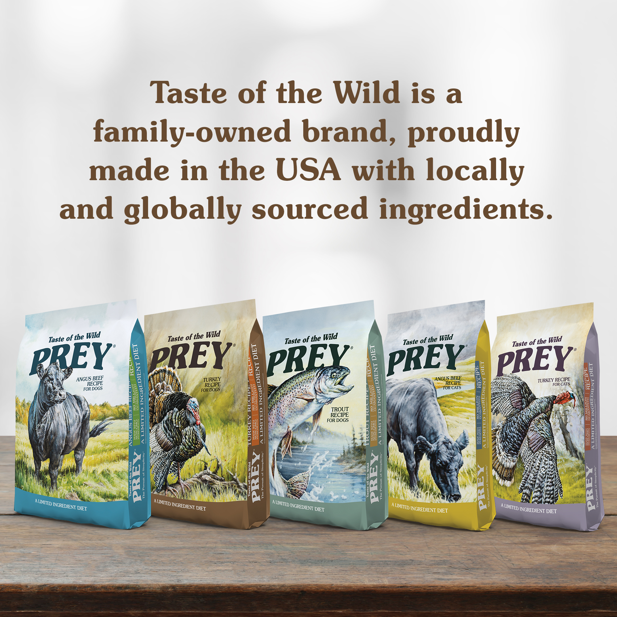 Assorted bags of Taste of the Wild Pet Food products.
