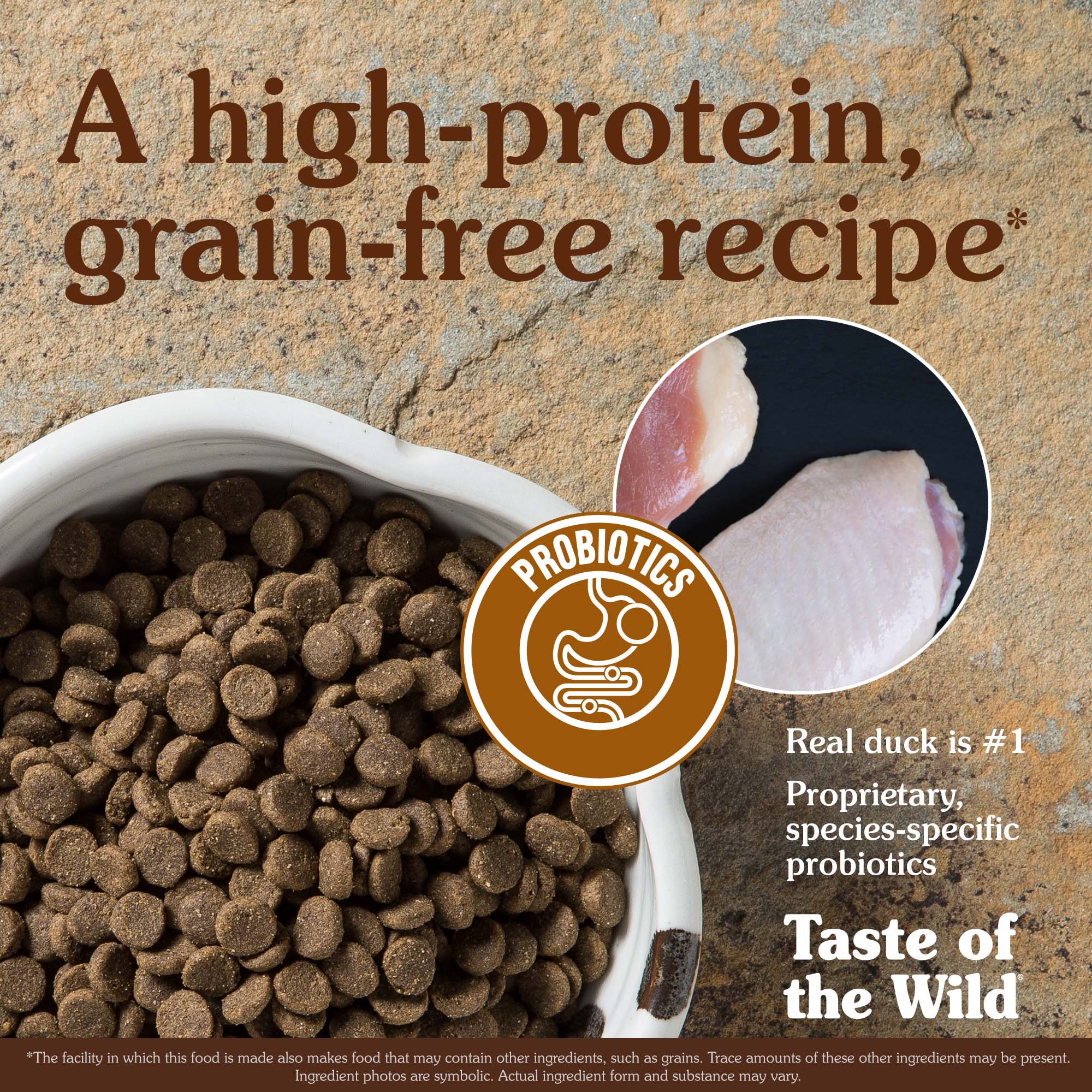 A white ceramic bowl full of Wetlands Canine Recipe with Roasted Fowl kibble with a circular overlay image containing a cut of real duck meat.