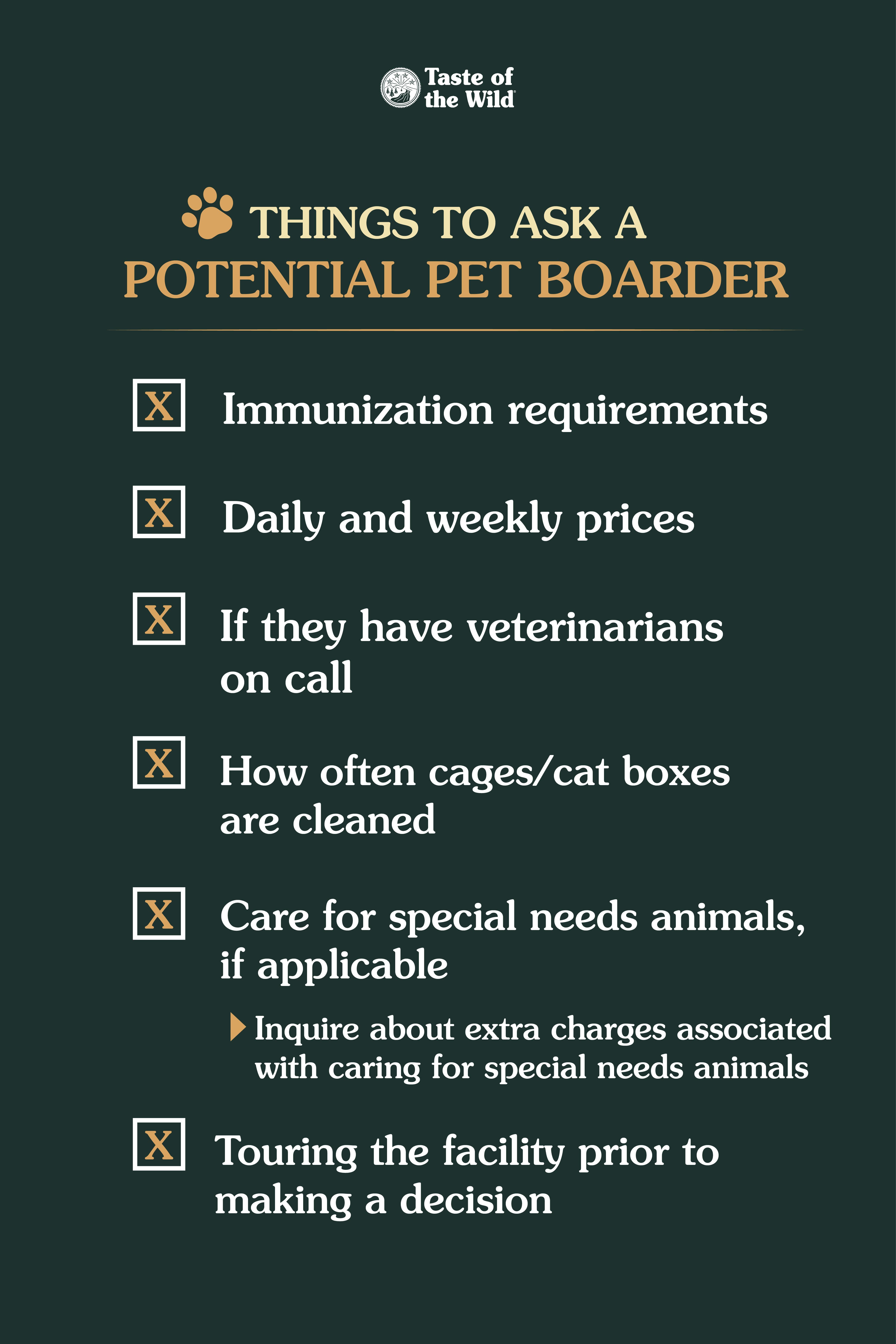 Checklist of Items to Ask Pet Boarder Infographic | Taste of the Wild