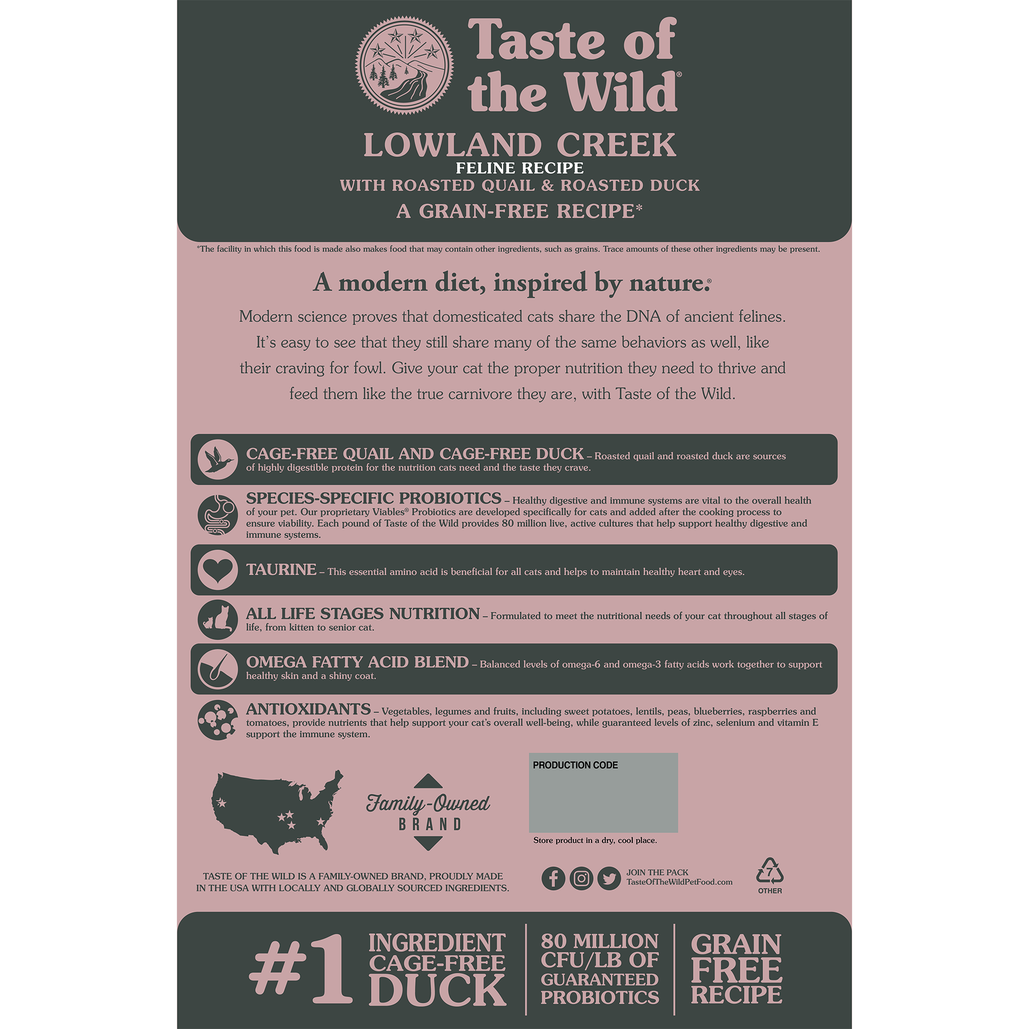 The back of a bag of Lowland Creek Feline Recipe with Roasted Quail & Roasted Duck.