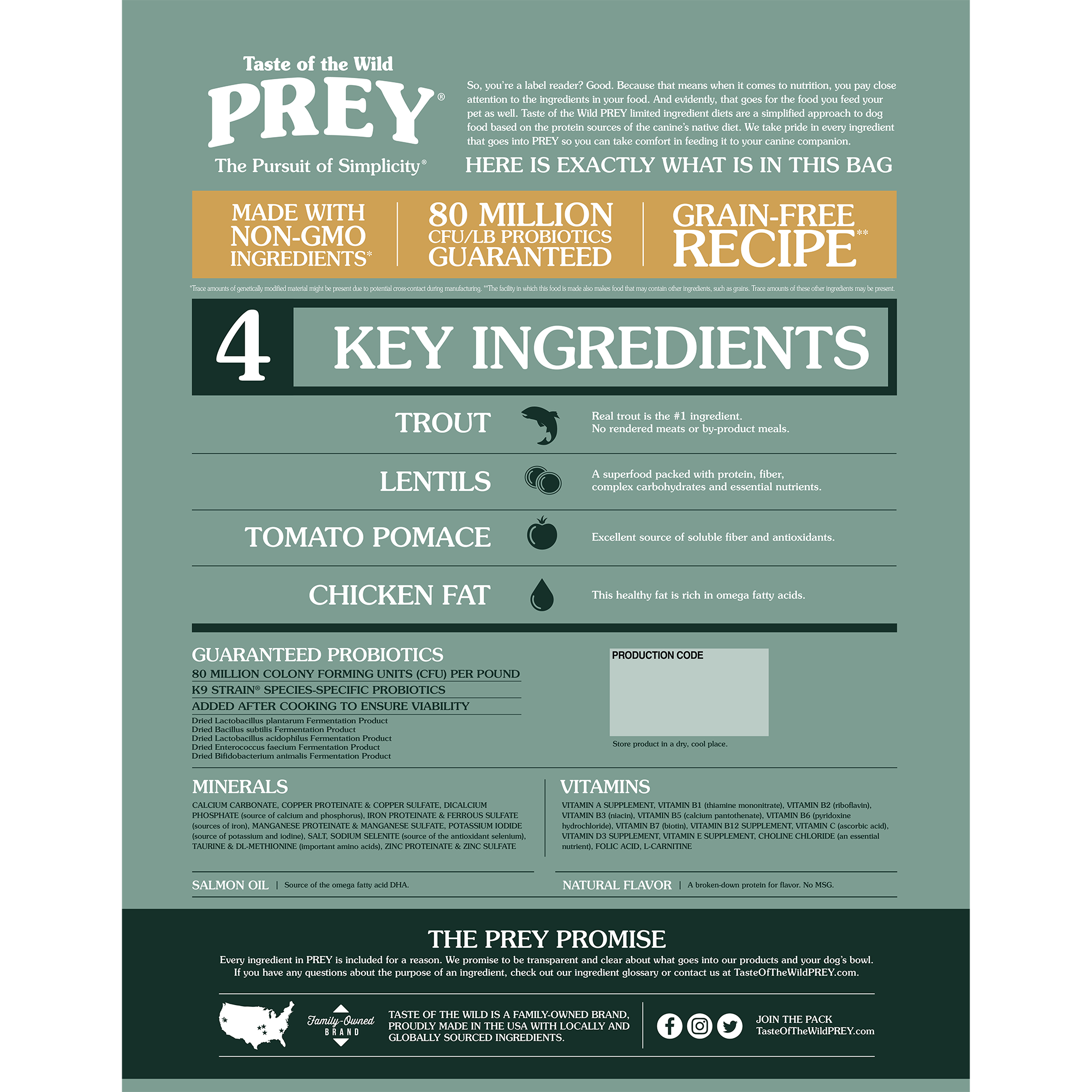 PREY Trout Limited Ingredient Recipe for Dogs Bag Back | Taste of the Wild