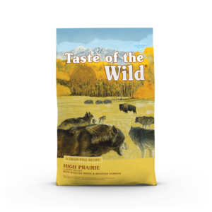 The front of a bag of High Prairie Canine Recipe with Roasted Bison & Roasted Venison.