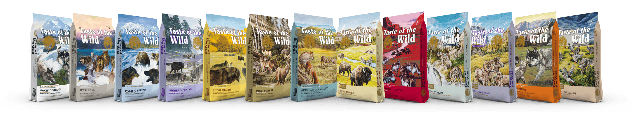 An assortment of different Taste of the Wild bags of pet food lined up next to each other.