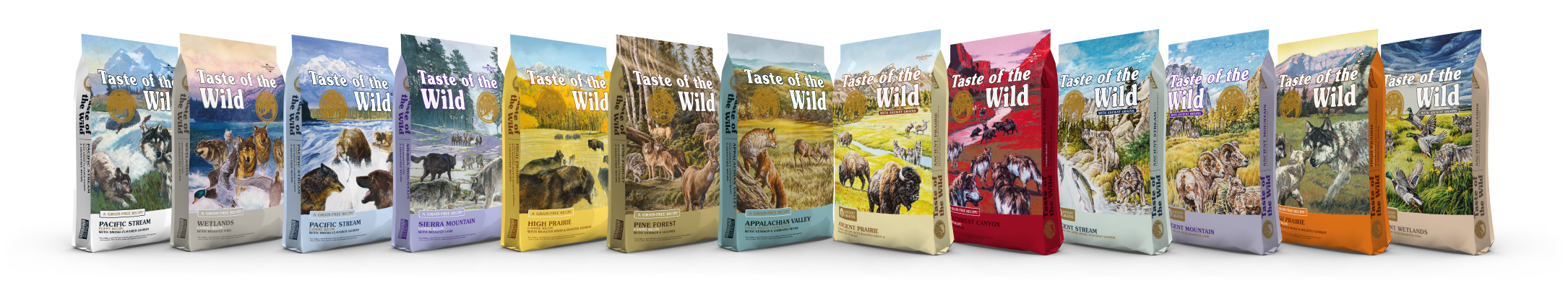 An assortment of different Taste of the Wild bags of pet food lined up next to each other.