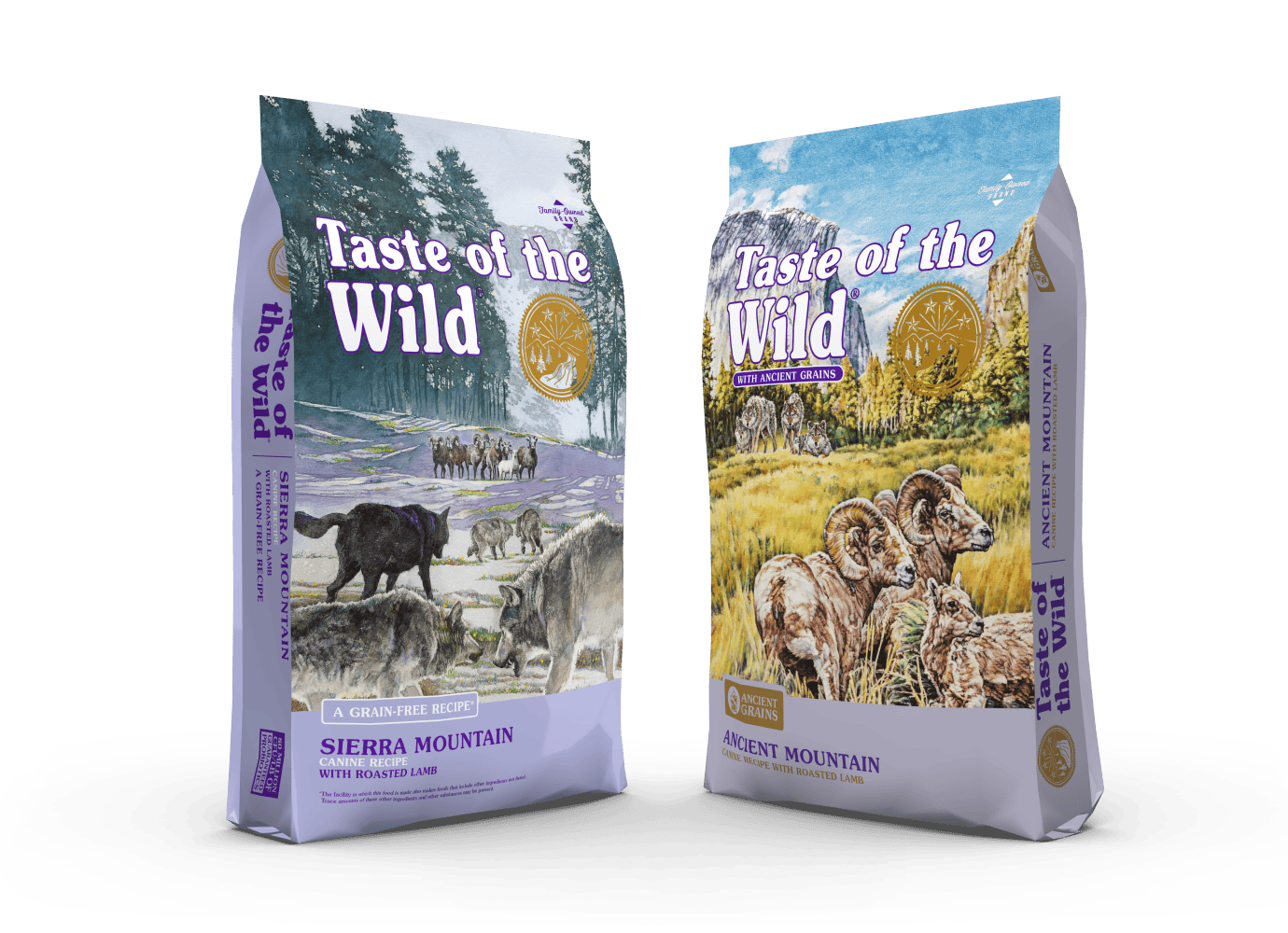 A bag of Taste of the Wild Sierra Mountain grain-free canine recipe next to a bag of Taste of the Wild Ancient Mountain with ancient grains canine recipe.
