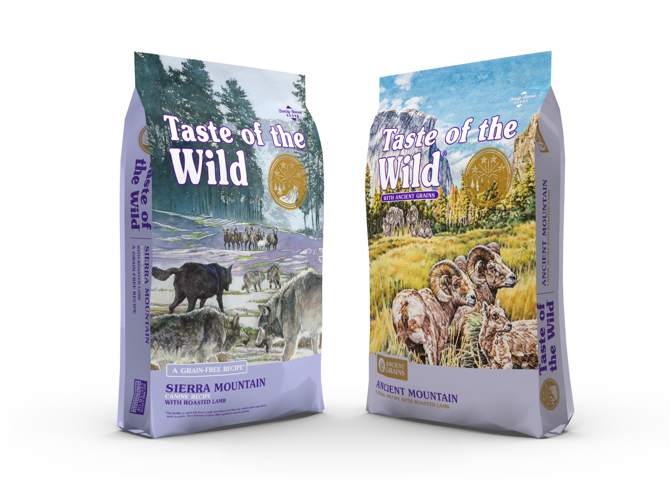 A bag of Taste of the Wild Sierra Mountain grain-free canine recipe next to a bag of Taste of the Wild Ancient Mountain with ancient grains canine recipe.