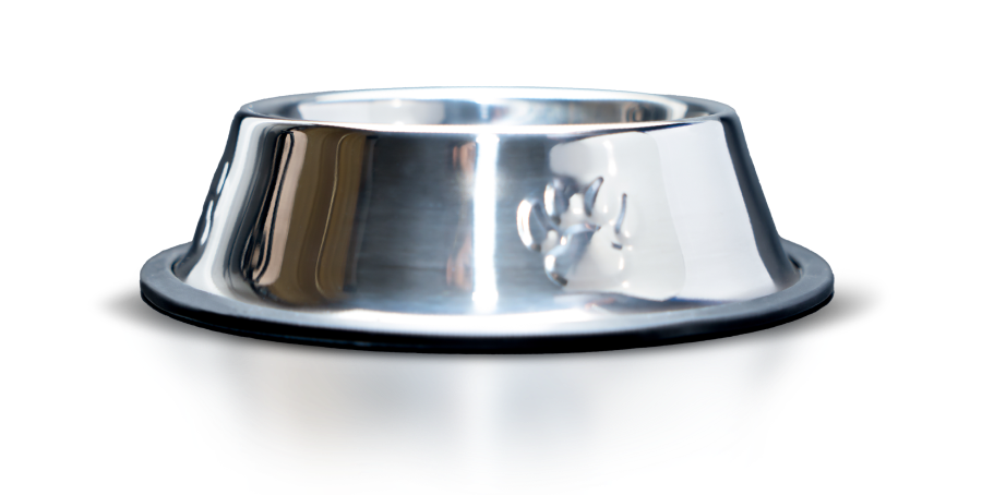 A metal dog food bowl with a dog paw on it.