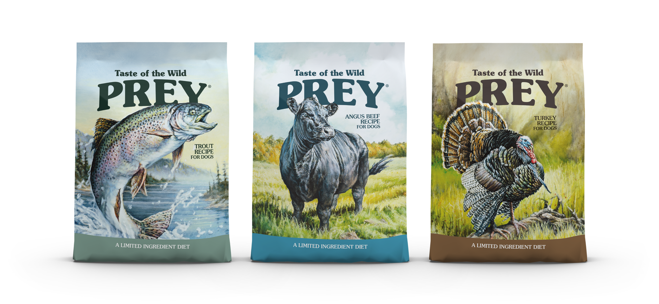 Three bags of Taste of the Wild Prey canine recipes sitting side by side.