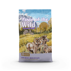The front of a bag of Ancient Mountain Canine Recipe with Roasted Lamb.