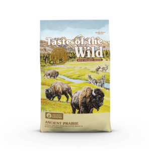 The front of a bag of Ancient Prairie Canine Recipe with Roasted Bison & Roasted Venison.