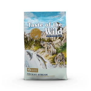 The front of a bag of Ancient Stream Canine Recipe with Smoke-Flavored Salmon.