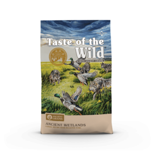 The front of a bag of Ancient Wetlands Canine Recipe with Roasted Fowl.