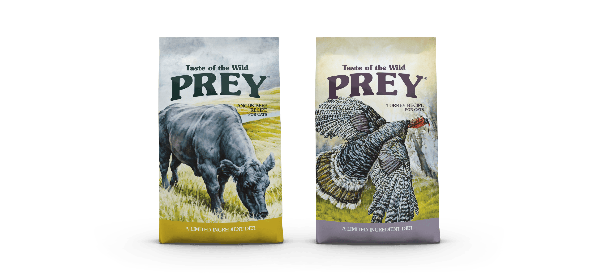 Two bags of Taste of the Wild Prey feline recipes sitting side by side.
