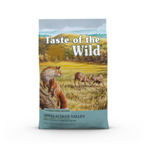 The front of a bag of Appalachian Valley Small Breed Canine Recipe with Venison & Garbanzo Beans.