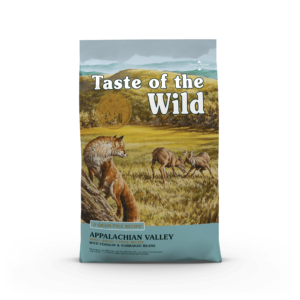 The front of a bag of Appalachian Valley Small Breed Canine Recipe with Venison & Garbanzo Beans.