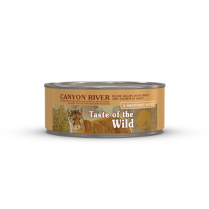 A can of Canyon River Feline Recipe with Trout and Salmon in Gravy.