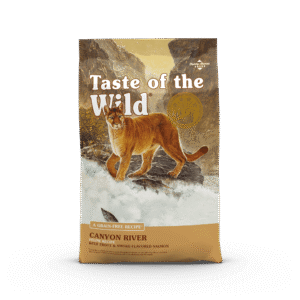 The front of a bag of Canyon River Feline Recipe with Trout and Smoke-Flavored Salmon.