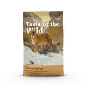 The front of a bag of Canyon River Feline Recipe with Trout and Smoke-Flavored Salmon.
