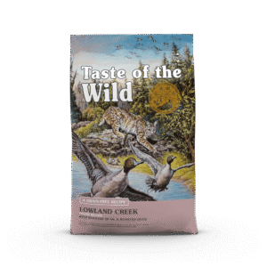 The front of a bag of Lowland Creek Feline Recipe with Roasted Quail & Roasted Duck.