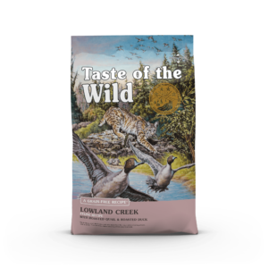 The front of a bag of Lowland Creek Feline Recipe with Roasted Quail & Roasted Duck.