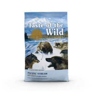 The front of a bag of Pacific Stream Canine Recipe with Smoke-Flavored Salmon.