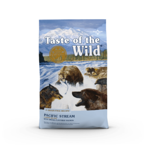 The front of a bag of Pacific Stream Canine Recipe with Smoke-Flavored Salmon.