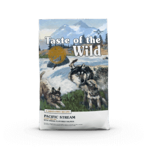 The front of a bag of Pacific Stream Puppy Recipe with Smoke-Flavored Salmon.