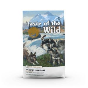 The front of a bag of Pacific Stream Puppy Recipe with Smoke-Flavored Salmon.