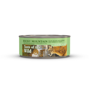 A can of Rocky Mountain Feline Recipe with Salmon and Venison in Gravy.