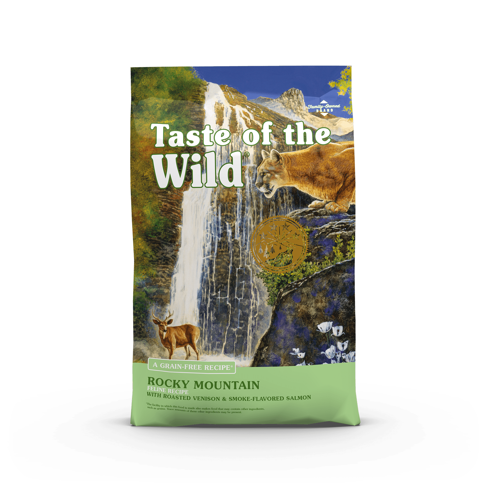 The front of a bag of Rocky Mountain Feline Recipe with Roasted Venison & Smoke-Flavored Salmon.