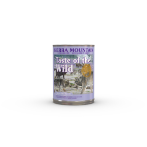 The front of a can of Sierra Mountain Canine Recipe with Lamb in Gravy.